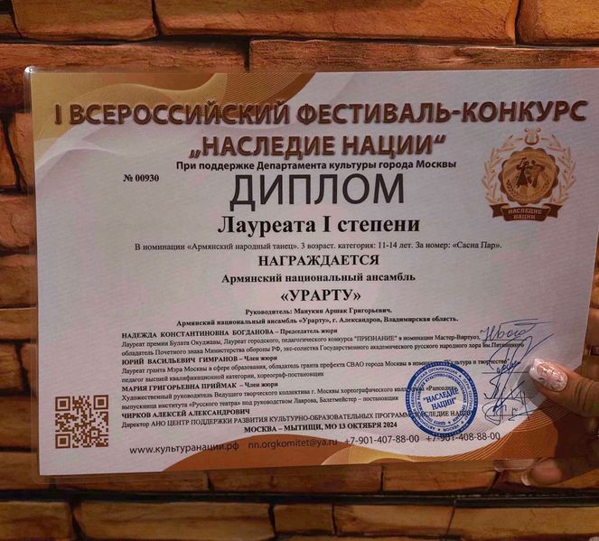 Файл:Ансамбль «Урарту» (Александров) 14.10.2024 Диплом Лауреата 1 степени 1.jpg